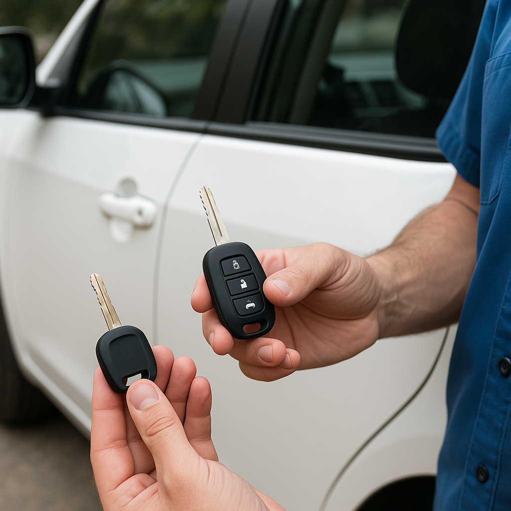 Hands of a locksmith holding a newly cut car key and a three-button remote fob in front of a white car, illustrating on-site key replacement.