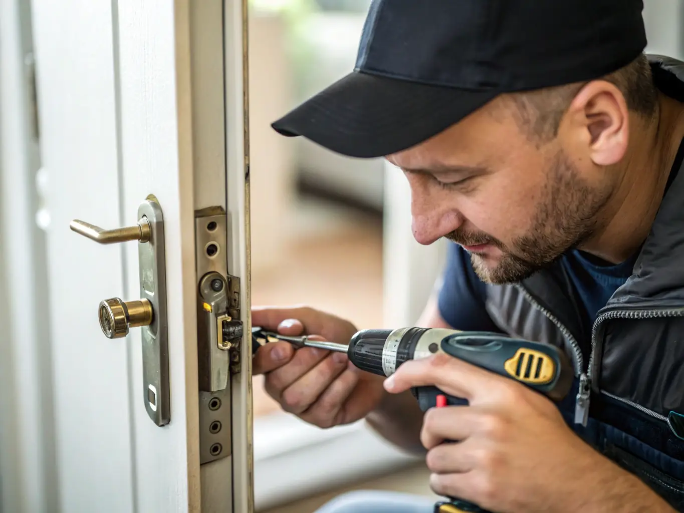 A locksmith expertly picking a complex lock mechanism, showcasing the precision and skill involved in resolving lockout situations.